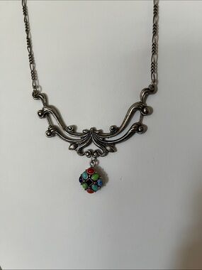 Silver-Tone Ornate Pendant Necklace with genuine Stone Accent